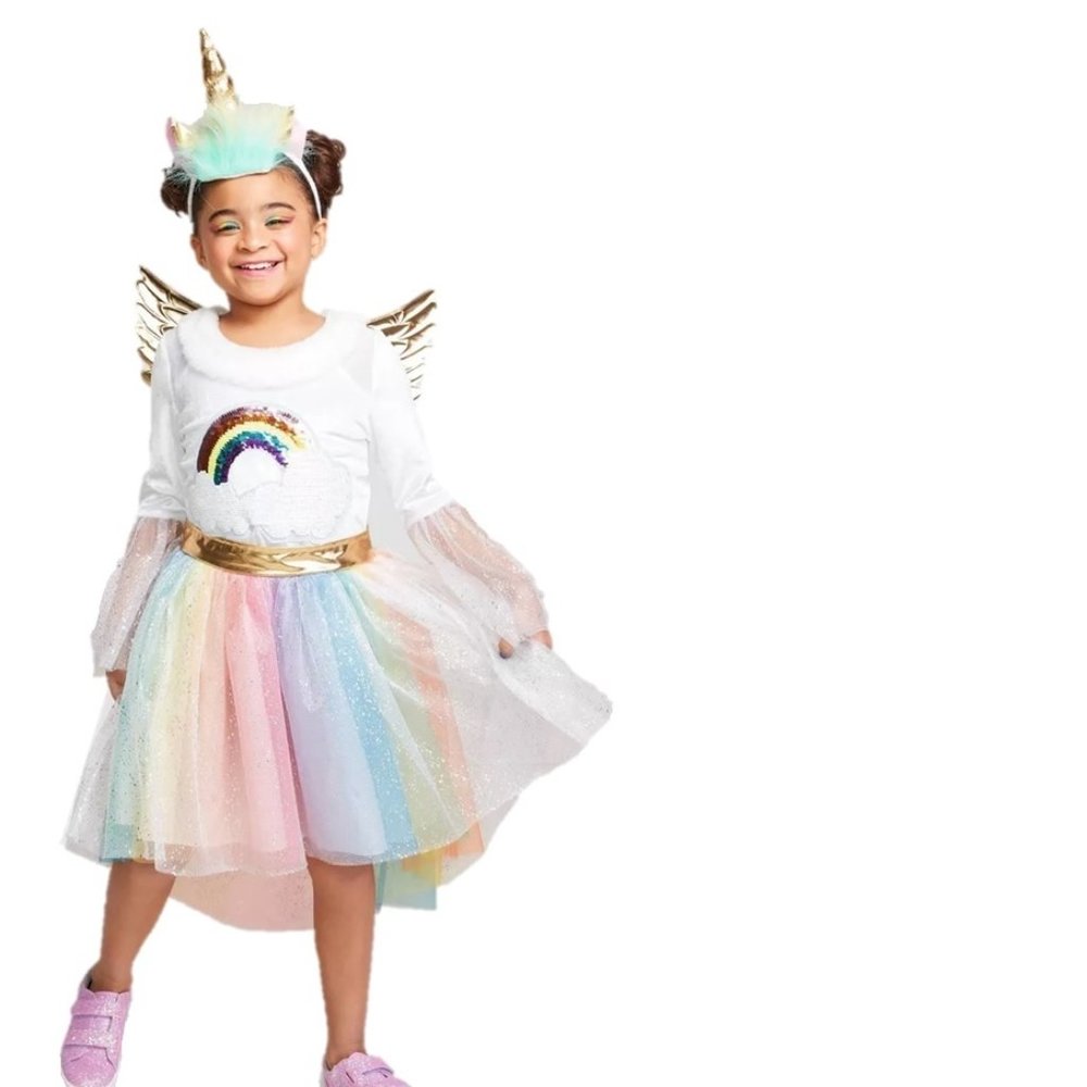 Girls Rainbow Unicorn Halloween Costume Dress with Attached Wings Sm Med Lar NWT